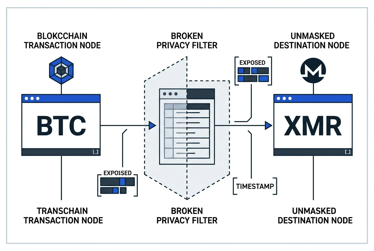 Technical diagram showing Monero swap record exposure linking public chains to private addresses.