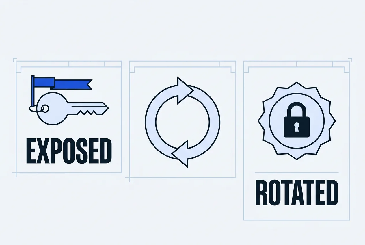 Vector infographic diagram illustrating immediate API key rotation and secret revocation steps.