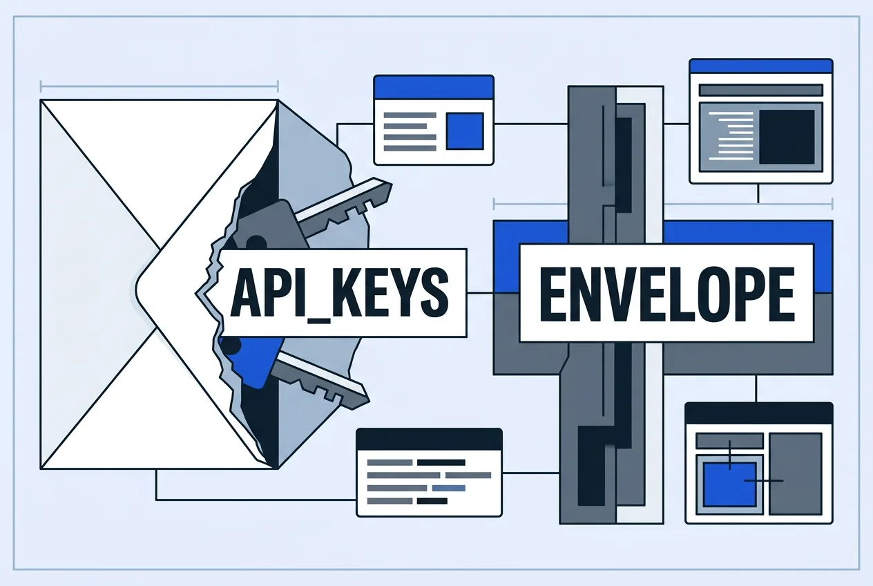 Technical diagram demonstrating envelope encryption mechanism and environment variable exposure.