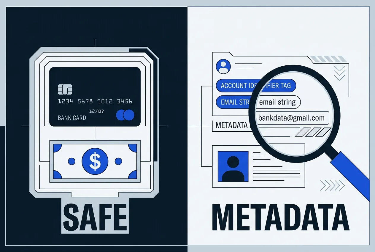 Diagram showing exposed metadata versus protected financial records in the Capcom ID breach.