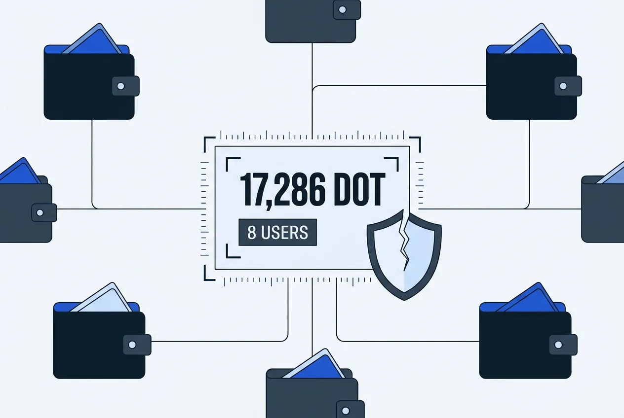 Editorial diagram illustrating 17,286 DOT lost across compromised Polkadot wallet accounts.