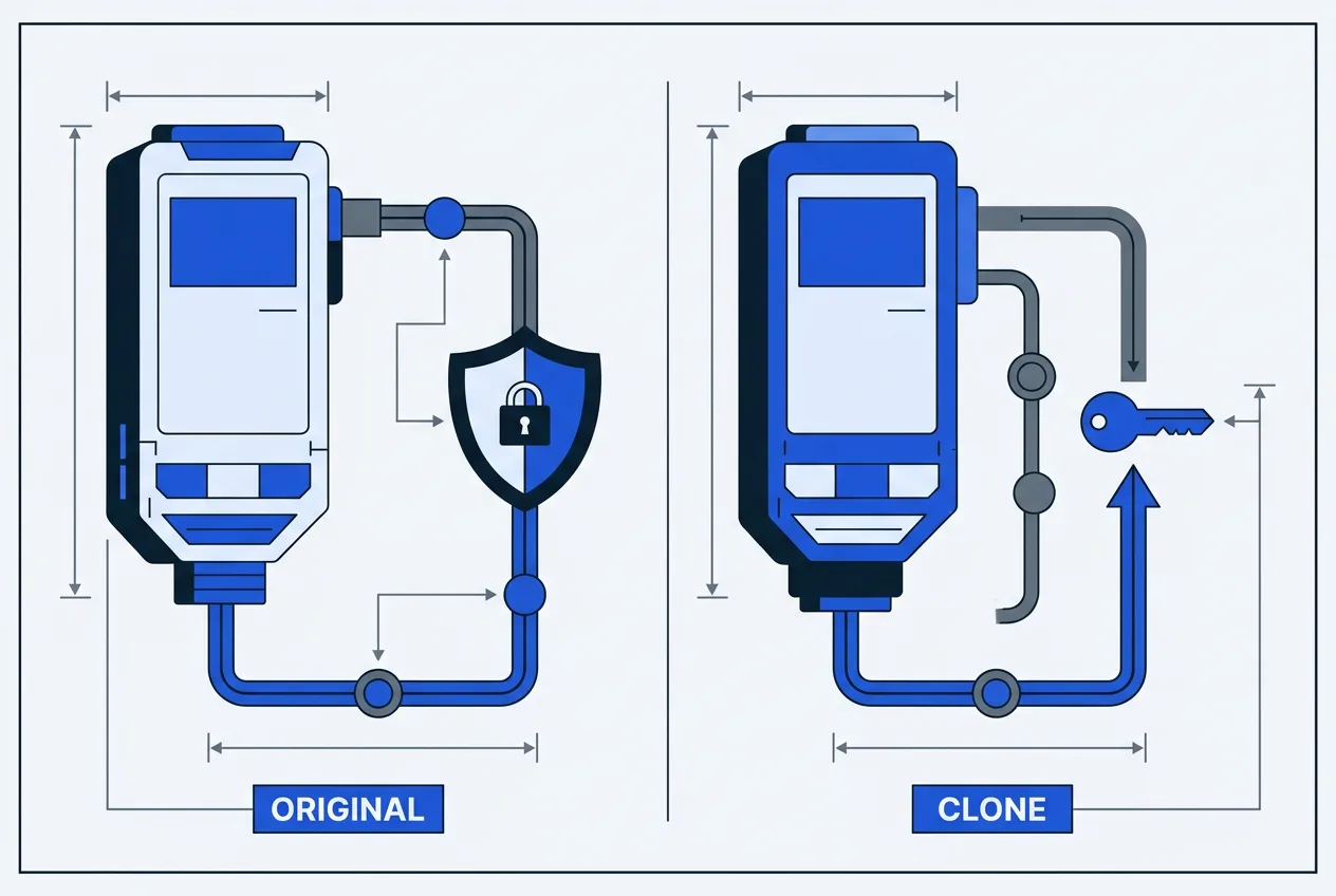 Technical vector diagram comparing genuine Keystone device verification against counterfeit bypass risks.