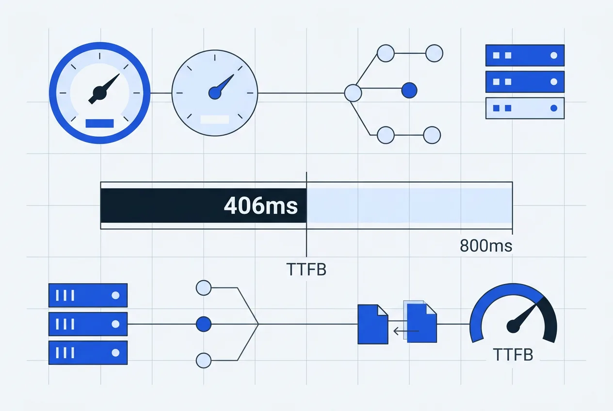 Technical diagram showing Shopify median TTFB server response time of 406ms against performance thresholds