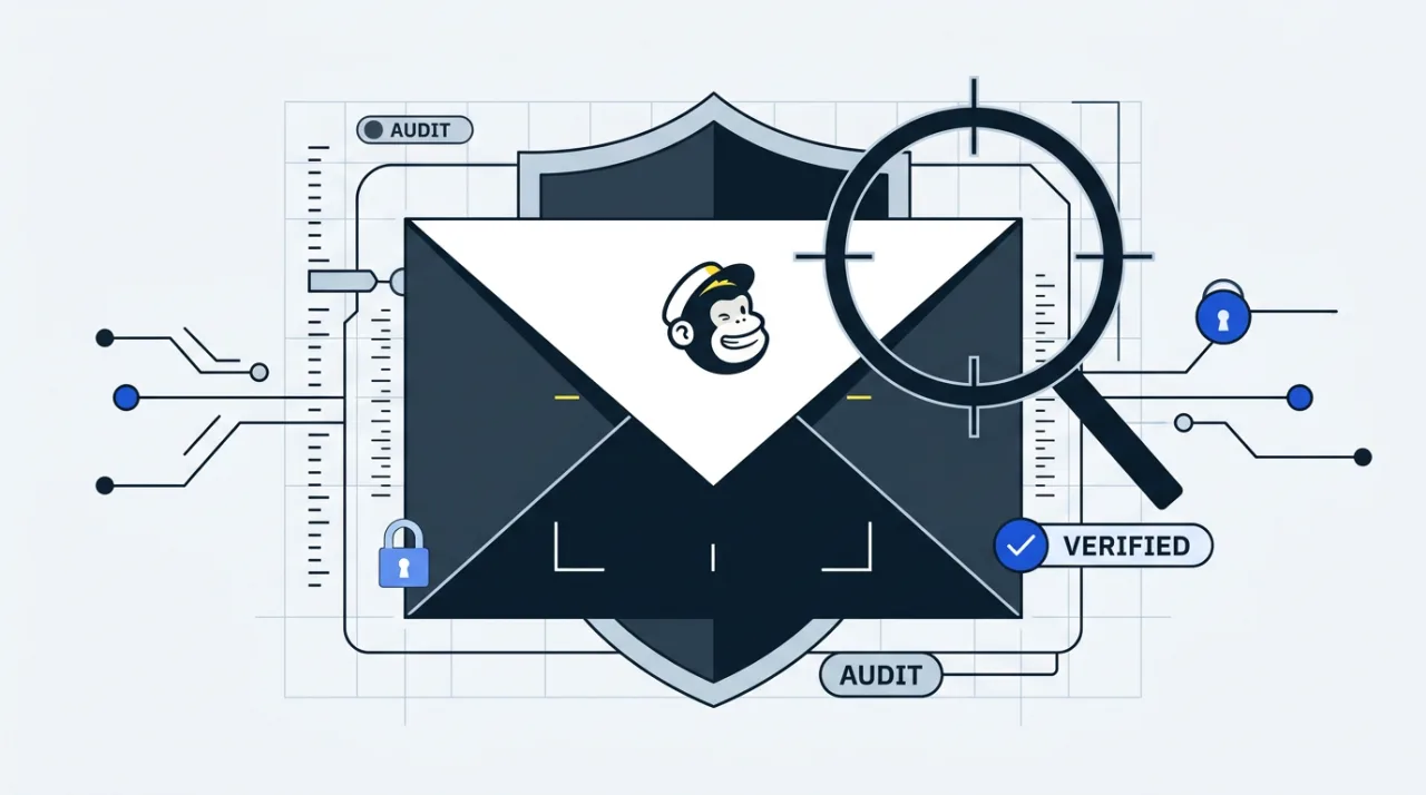 Technical 2D blueprint illustration of an email envelope protected by a security shield and audit nodes.