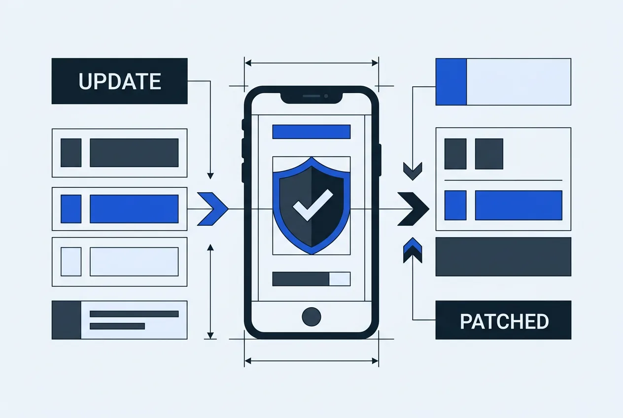 Technical blueprint diagram showing mobile app patch and security verification steps.