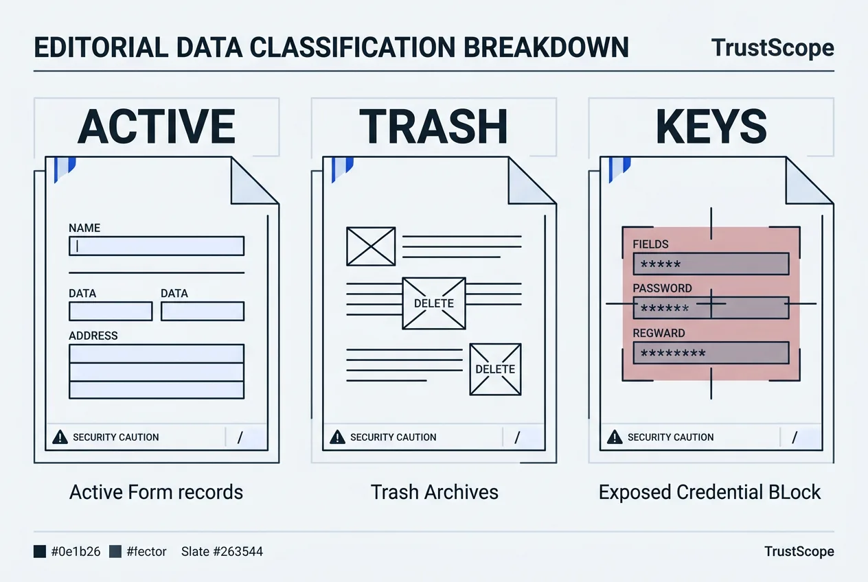 Technical 2D vector diagram mapping exposed form data, trash archives, and API credentials from the breach.