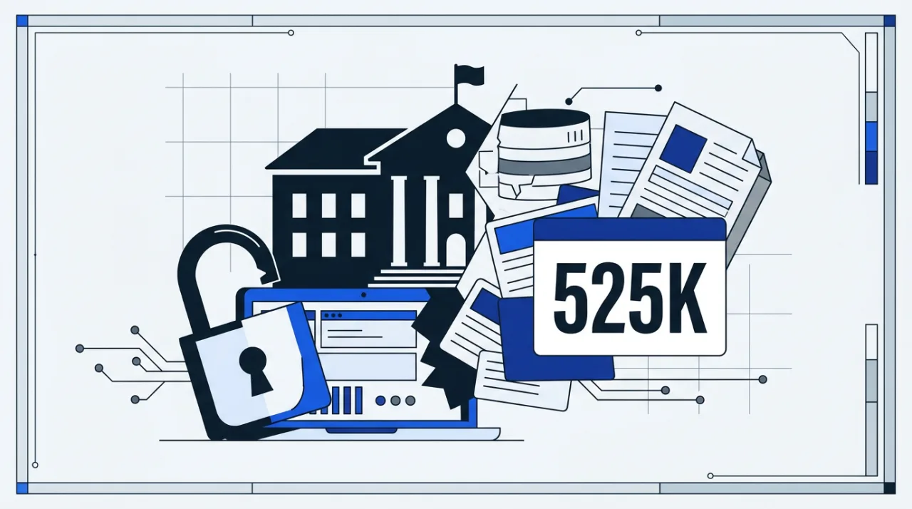 Security blueprint illustration depicting a data breach exposing 525,000 university records.