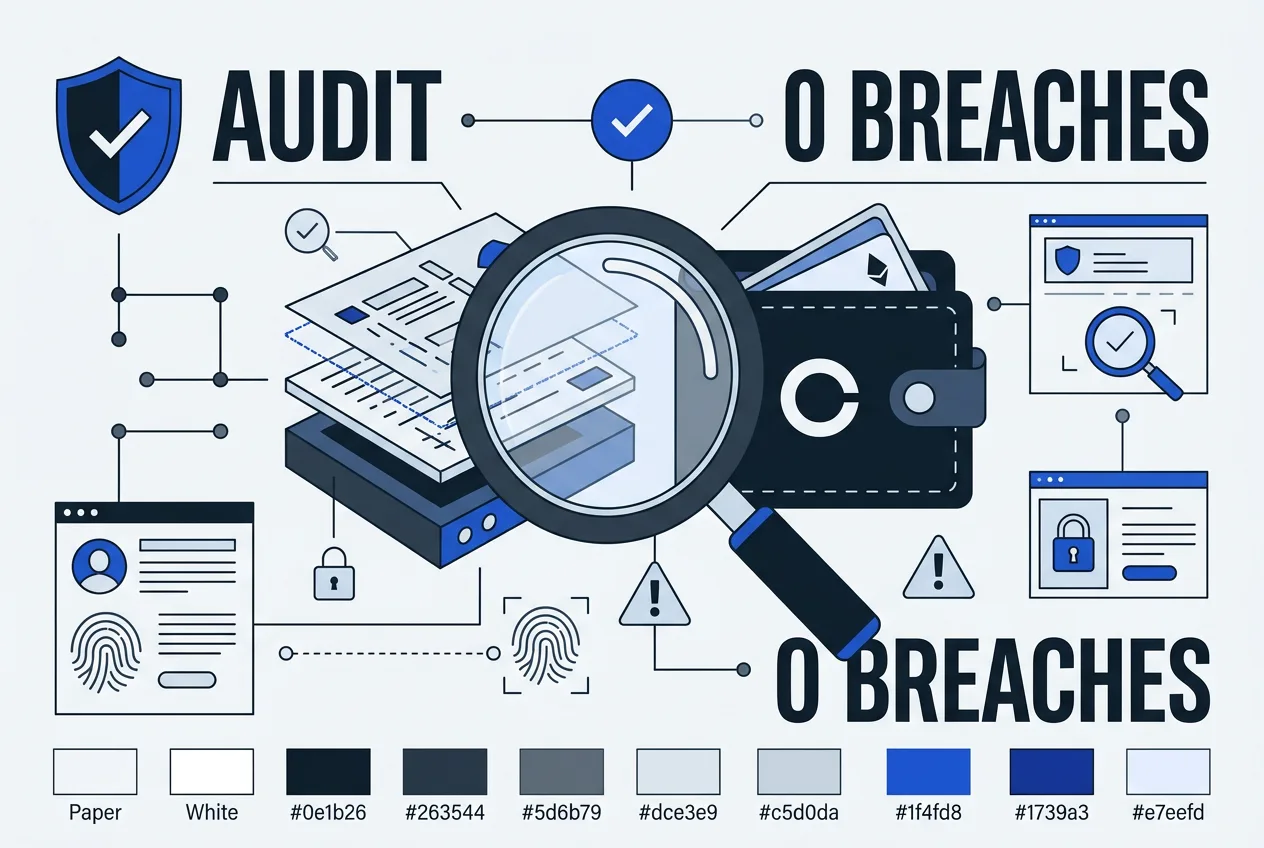 Security blueprint diagram analyzing vulnerability response and intact core key security in crypto wallets.