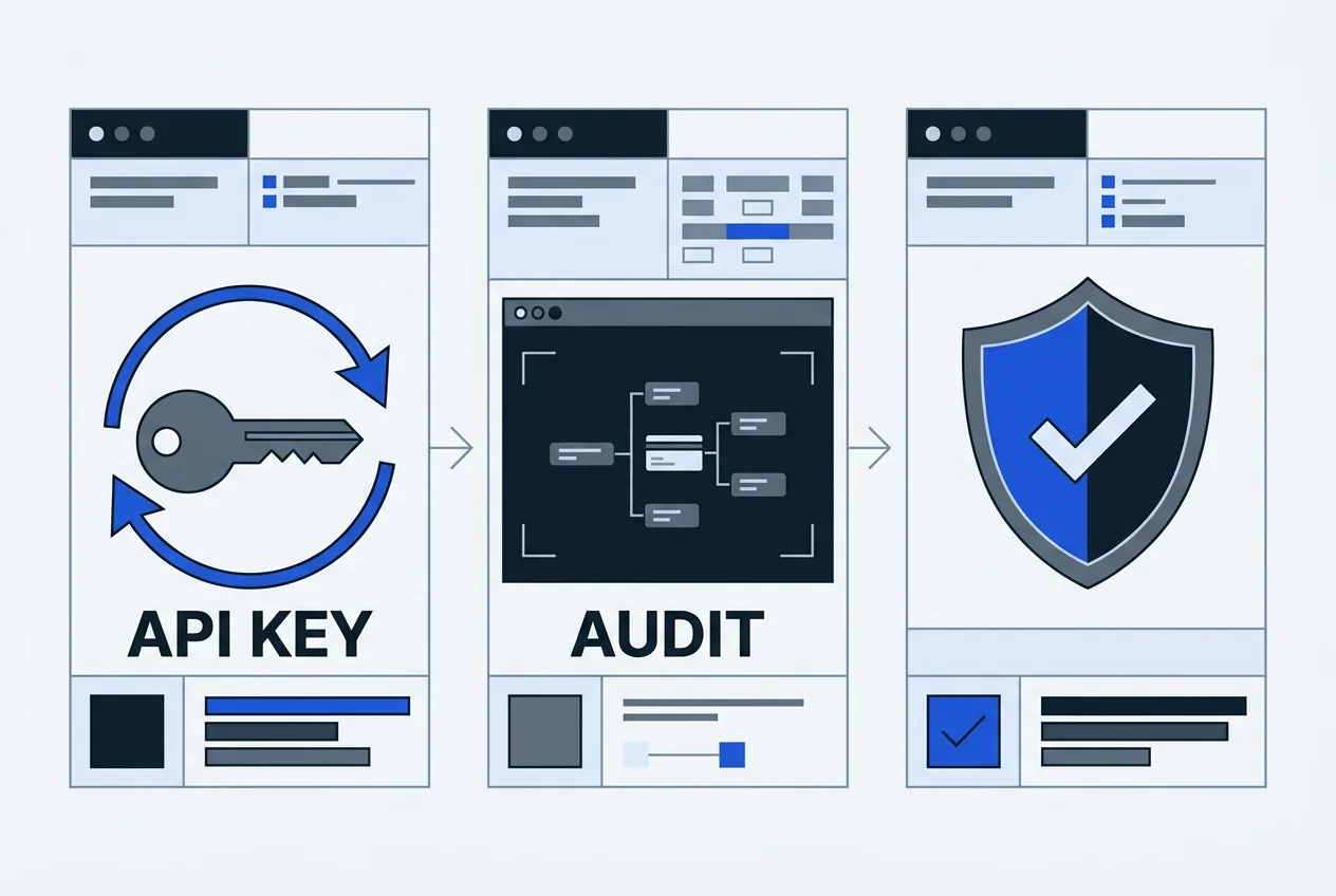 Technical 2D blueprint diagram of API key rotation and audit steps for Finaxis.cloud security.