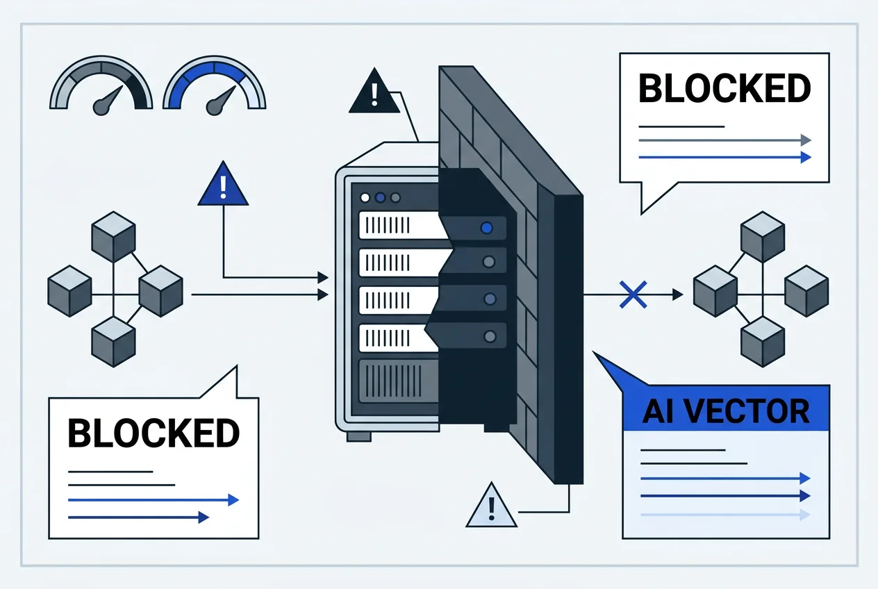 Flat 2D technical diagram showing server containment and firewall isolation of an AI breach.