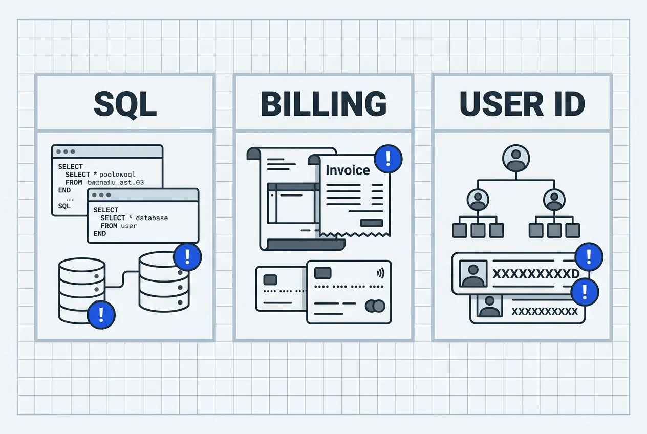 Infographic diagramming exposed SQL query logs, billing data, and organization IDs in TiDB Cloud