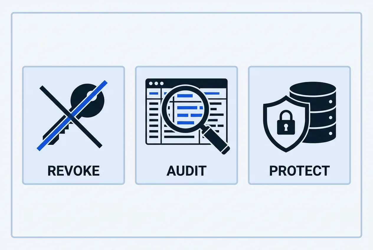 Three-step technical security remediation infographic showing token revocation, log audit, and CRM shielding.