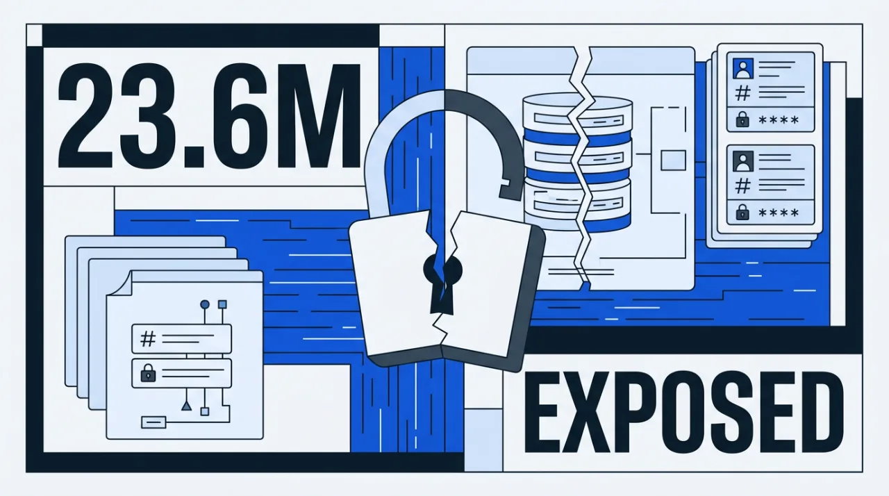 Cybersecurity blueprint illustration showing 23.6 million exposed records and an unlocked security vault.