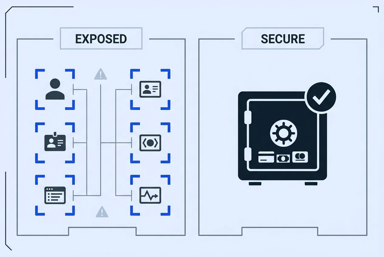 Technical blueprint infographic auditing exposed user data and secured payment systems
