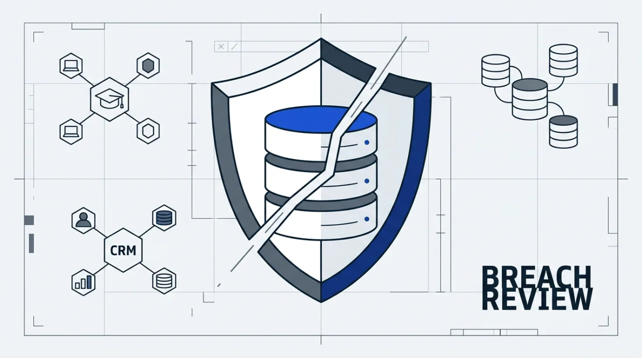 Vector blueprint illustration of a fractured enterprise security shield for the Genesys security review article.