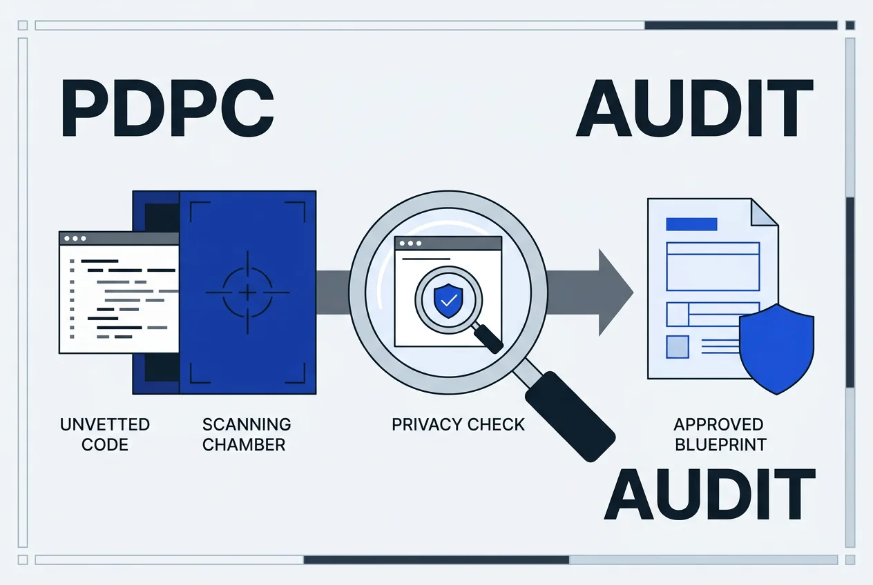 Infographic showing PDPC AI code governance audit framework and verification stages.
