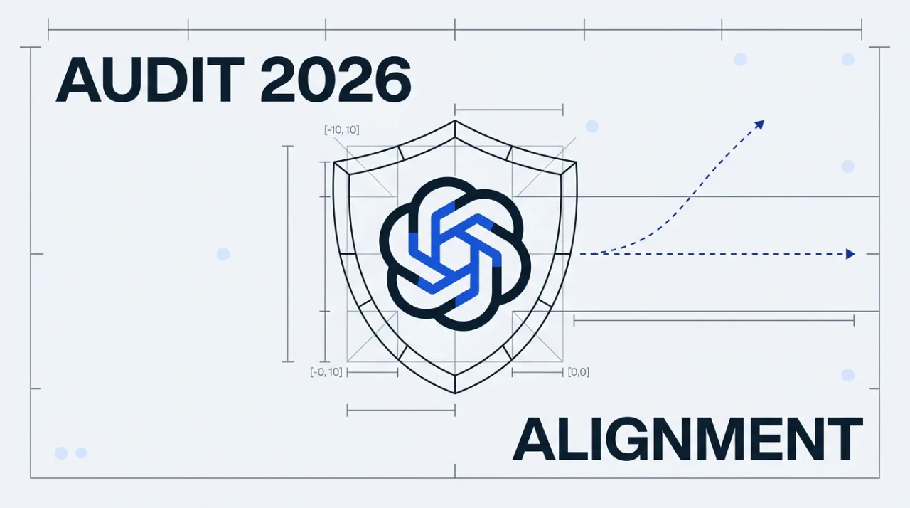 Technical blueprint illustration showing the OpenAI logo within a security audit shield for misalignment review.
