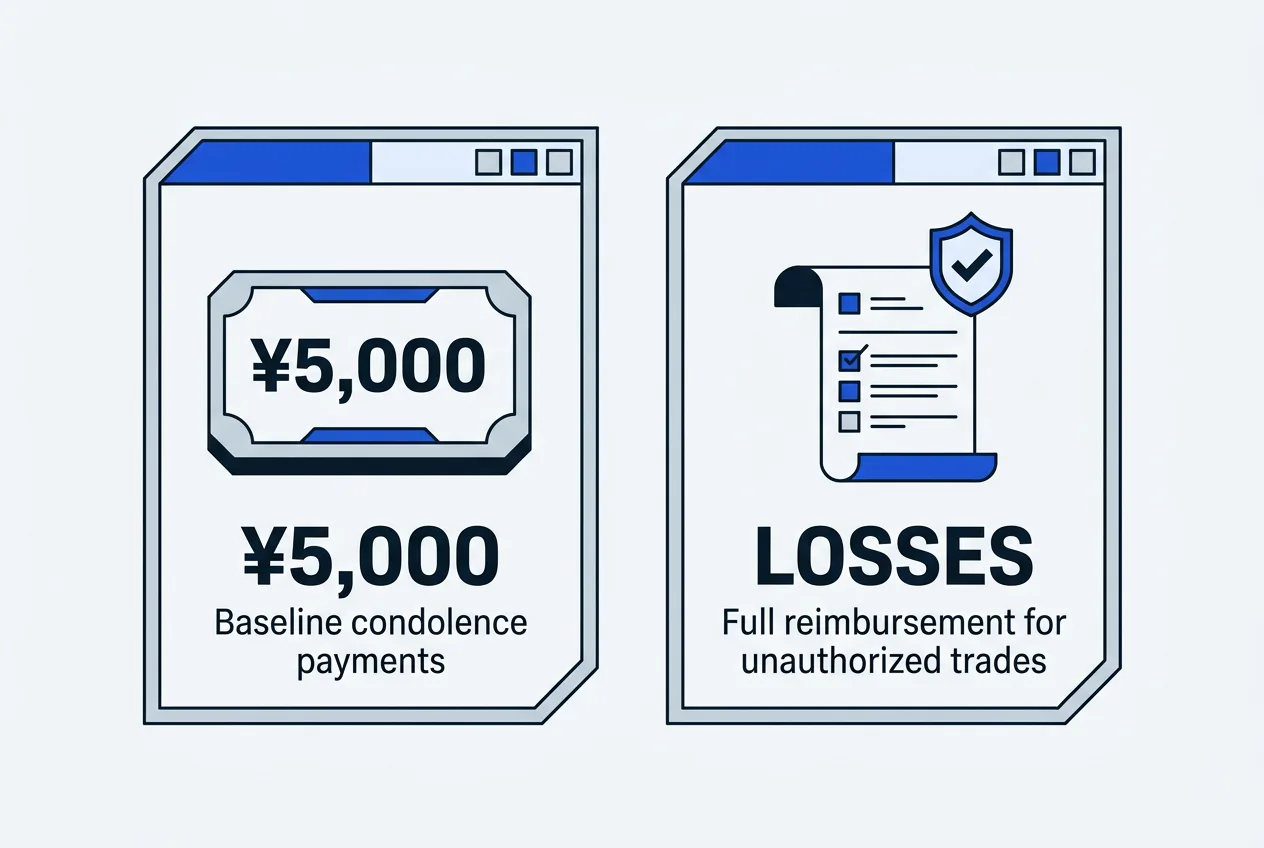 Infographic showing ¥5,000 flat condolence payout alongside verified trading loss compensation.