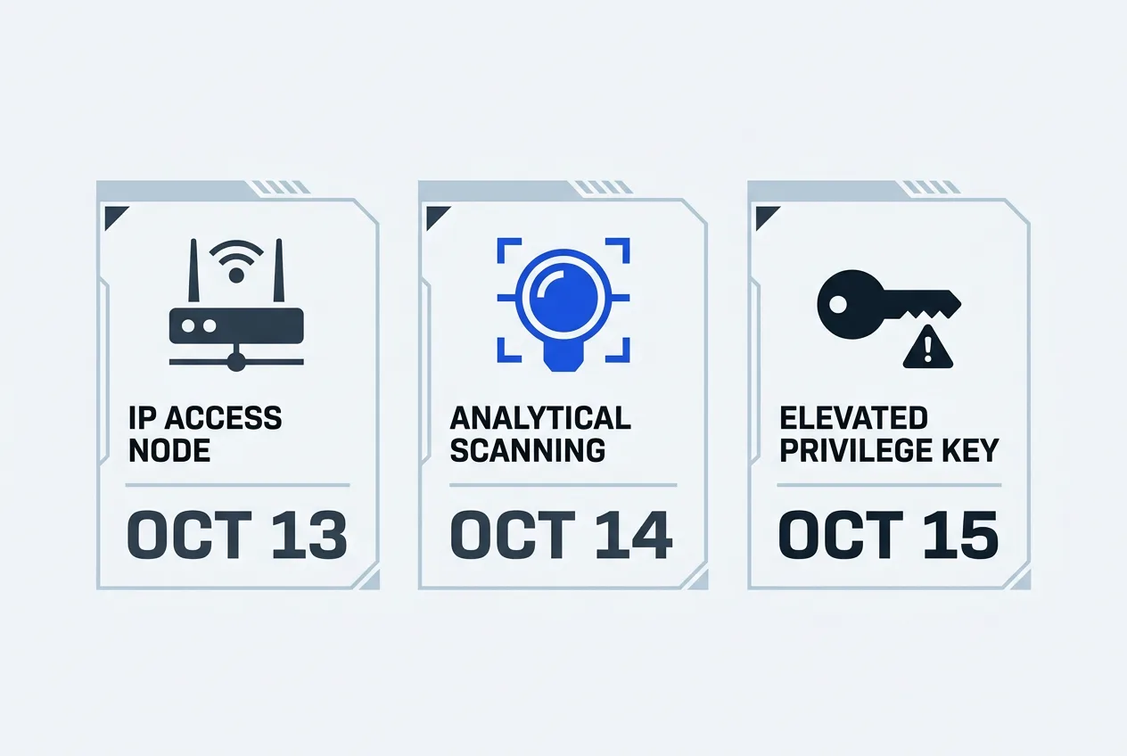 Technical 2D timeline infographic showing the three stages of the ConnectWise Microsoft 365 cloud breach.