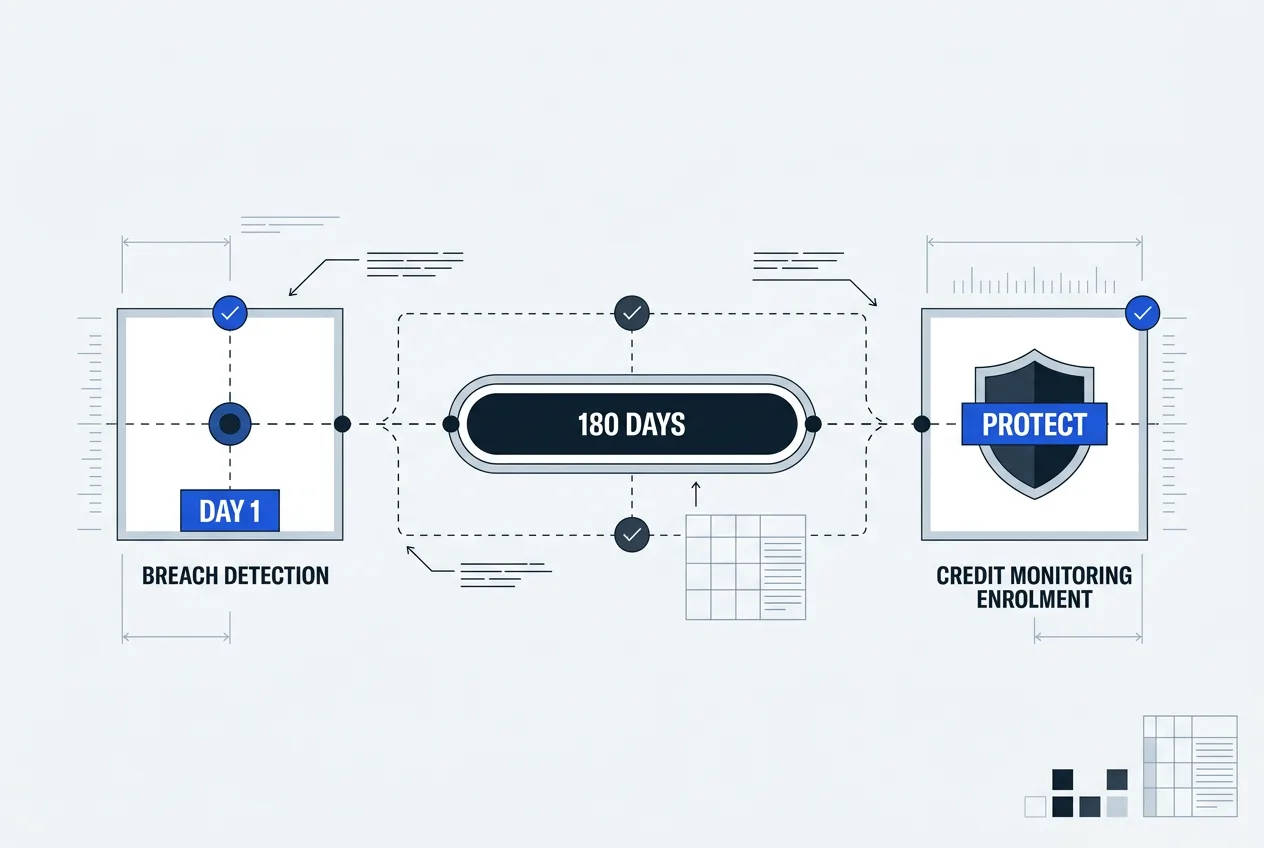 Technical editorial diagram detailing the notification timeline and customer identity monitoring steps.