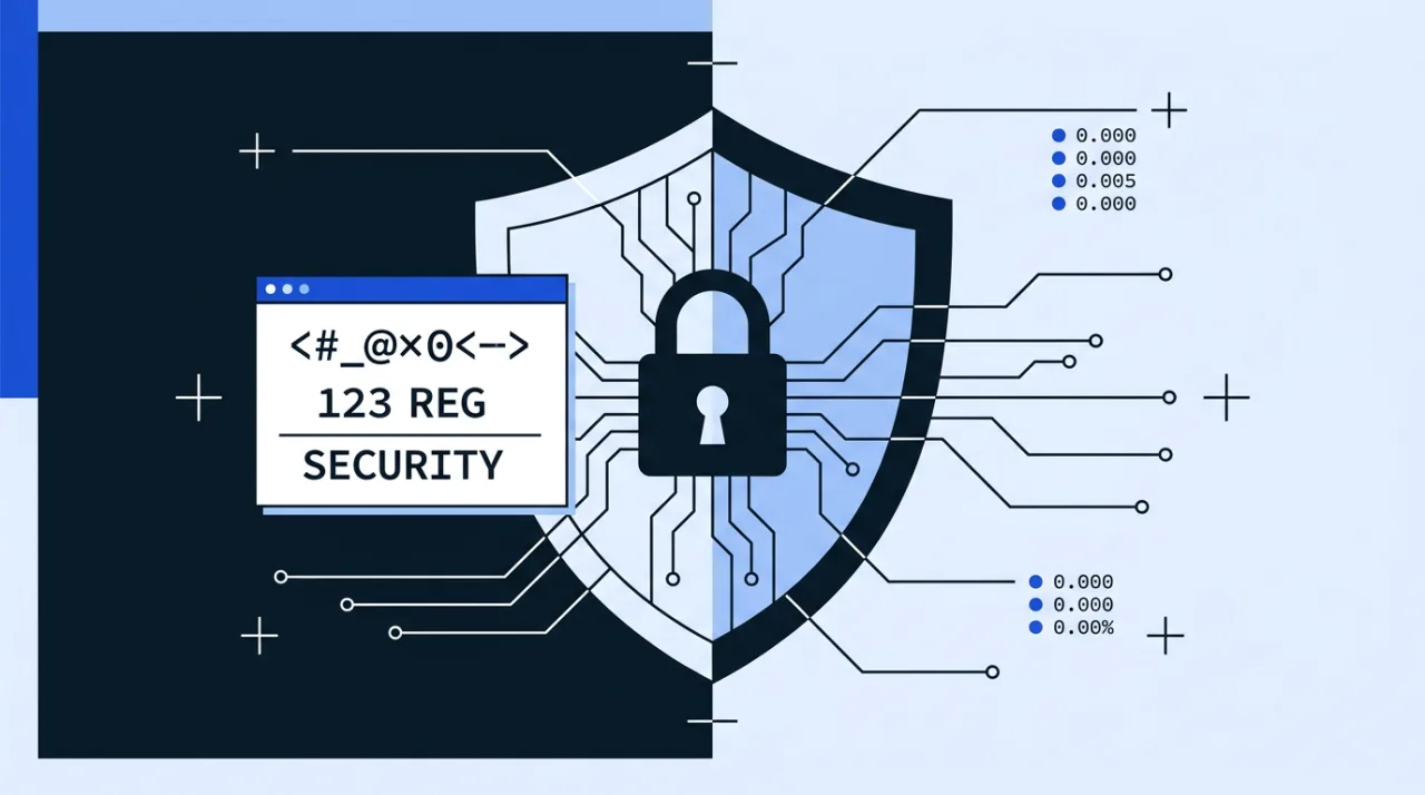 2D cyber blueprint illustration of a security shield and padlock assessing 123 Reg security review.