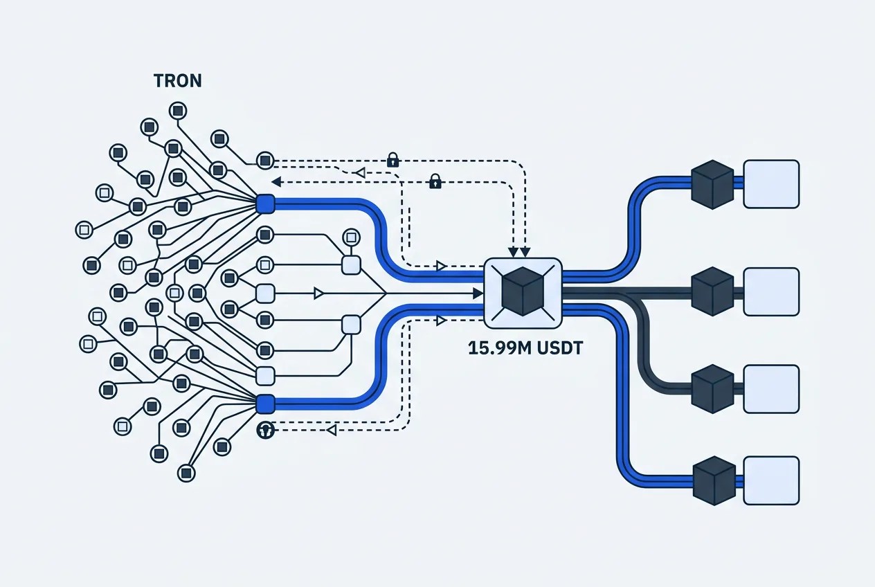 Vector infographic diagram tracing 15.99M USDT outflows from deprecated CoinDCX TRON addresses.
