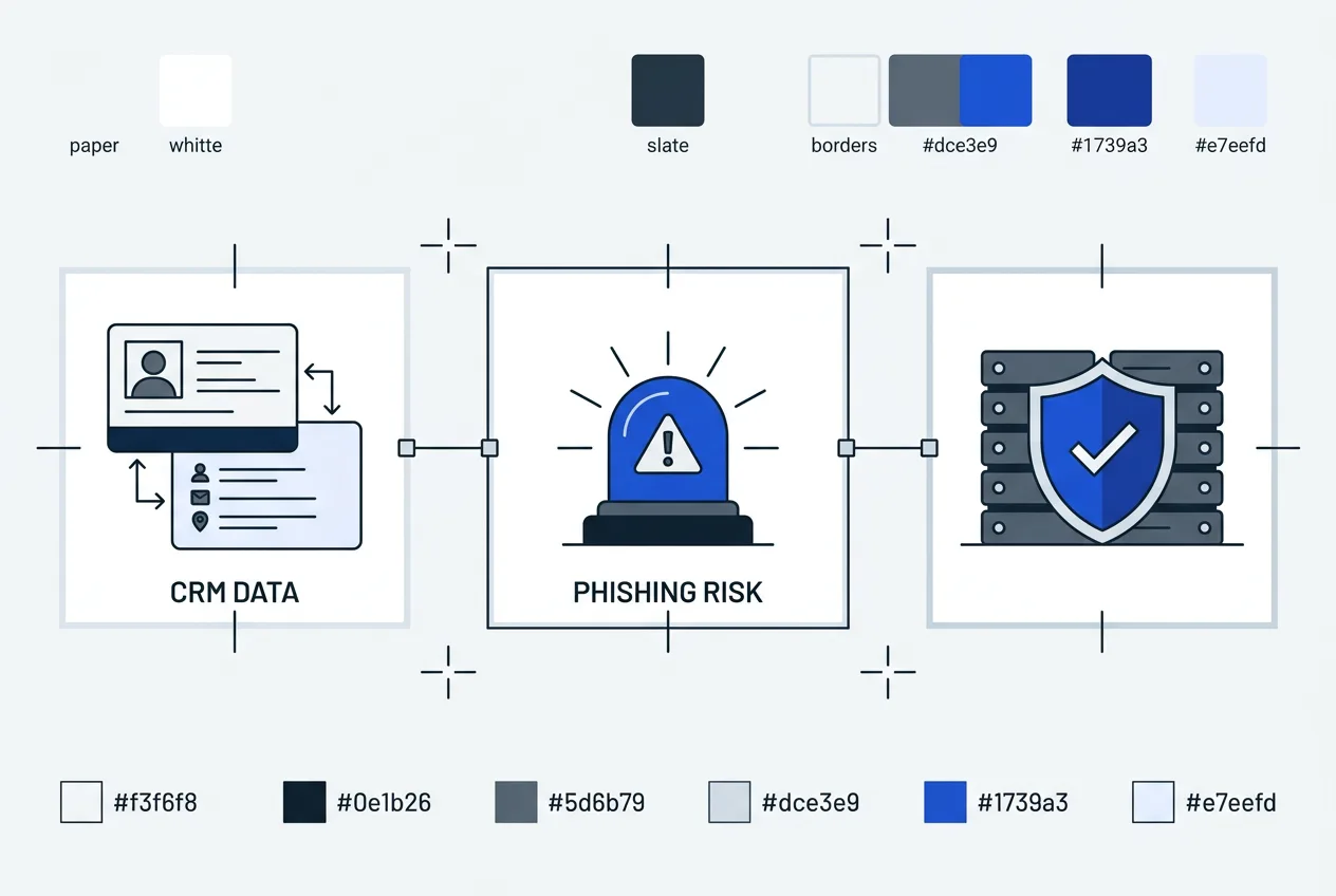 Cybersecurity infographic blueprint mapping exposed business contact data and impersonation risks.