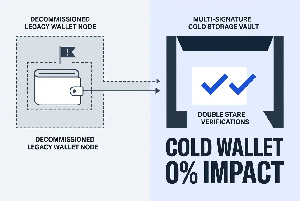 Vector diagram contrasting vulnerable legacy addresses with protected cold wallet storage architecture.